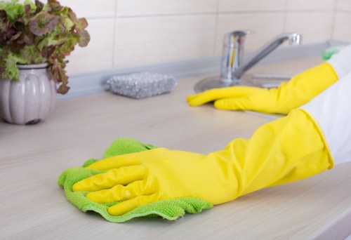 Staff using proper protective equipment during cleaning tasks