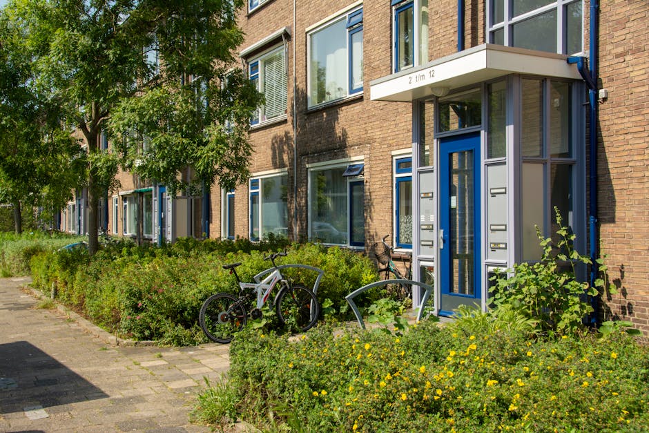 Exterior view of a residential building in Holland Park featuring a brick facade with large, clear glass windows and a blue-framed entrance door. The pathway leading to the entrance is paved with inte